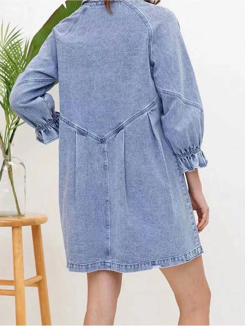 Light Blue Denim Mini Shirt Dress with Button Front - Picture 3 of 5